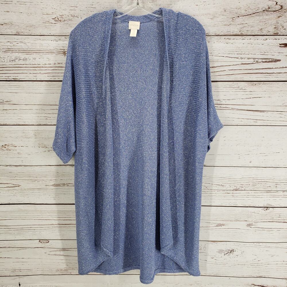 Chico's Women's Blue Tilly Shine Open Knit Metallic Cardigan Size 3